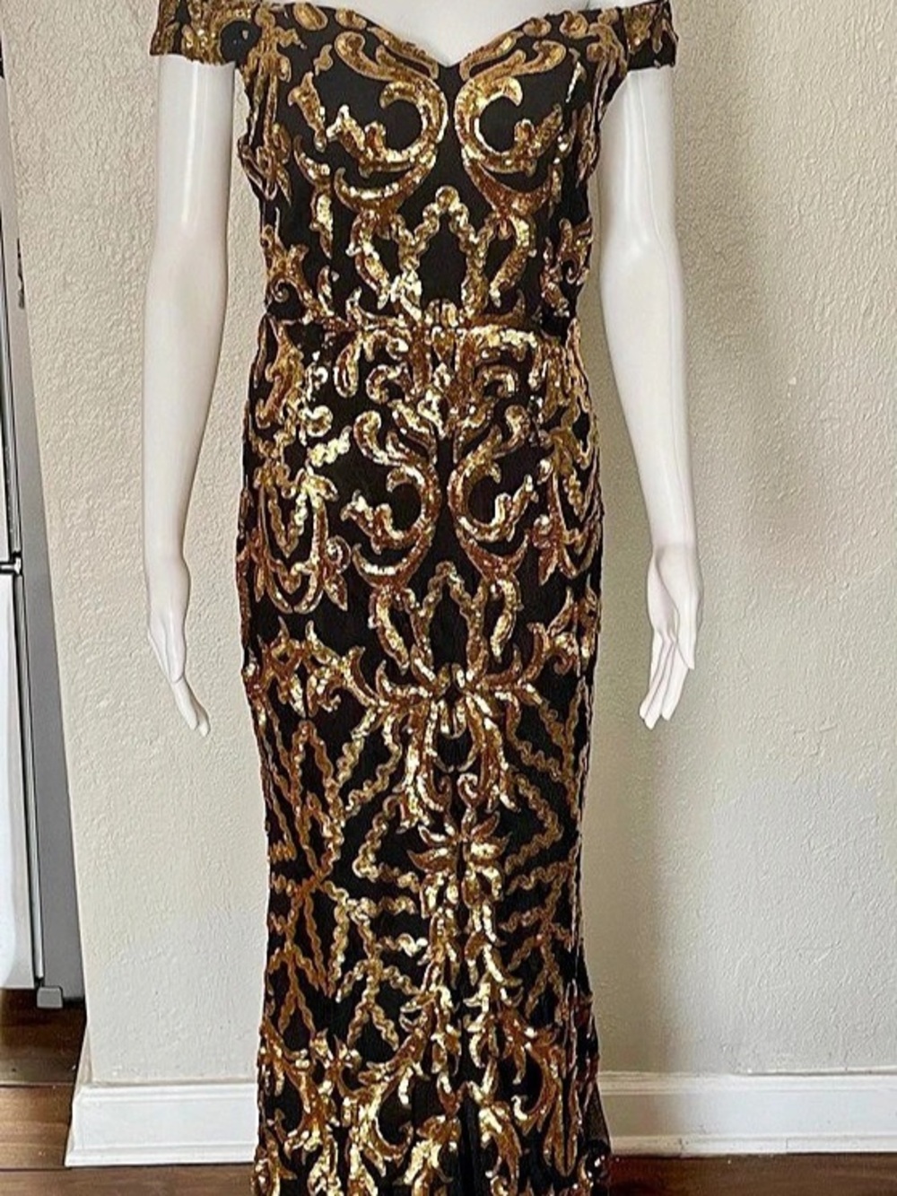 Black & Gold Off-Shoulder Maxi Dress